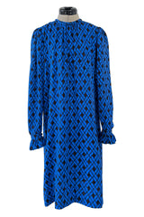 Divine Fall 1979 Yves Saint Laurent True Haute Couture Blue Silk Harlequin Print Dress w Ruffled Cuffs