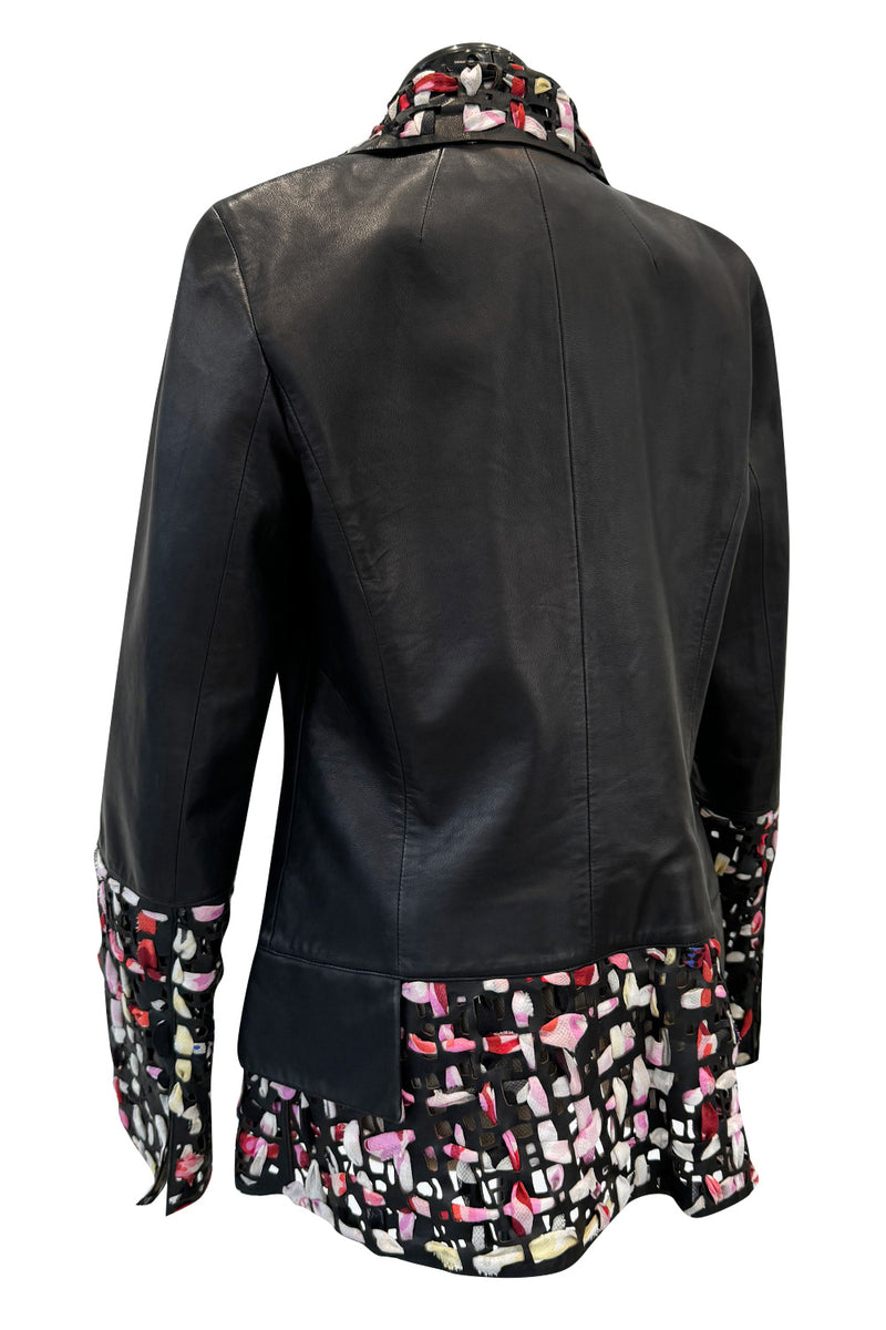 Fantastic Spring 2011 Chanel by Karl Lagerfeld Runway Look 48 Leather Jacket w Floral Silk Detailing