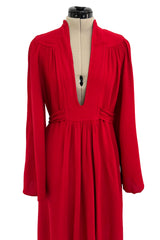 Amazing 1970 Ossie Clark 'Graduation' Deep Front Plunge Maxi Dress in a Red Moss Crepe