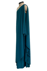 Prettiest 1978 Halston Dark Teal Jersey One Shoulder Draped Full Length Maxi Dress