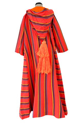 Incredible 1960s Josefa Striped Cotton Caftan Dress w Hood & Huge Orange Yarn Tassel Detailing