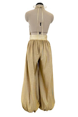 1981 Bill Tice Gold Metallic Backless Jumpsuit w Wide Balloon Legs