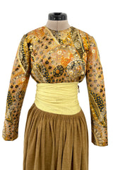 1970s Madame Gres Haute Couture Wide Leg Pant Set w Metallic Gold Part Open Tie Top
