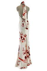 Spectacular Spring 2007 Roberto Cavalli Ivory & Coral Print Bias Cut Silk Dress w Twisted Halter Front & Low Back