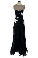 Beautiful Fall 2005 John Galliano Bias Cut Black Silk Dress w Hand Applied Silk Flowers