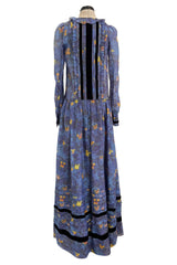 Prettiest 2000s Rochas by Olivier Theyskens Blue Silk Floral Watercolour Dress w Ruffles & Velvet Trim