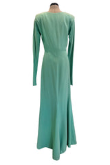 Iconic Spring 1985 Yves Saint Laurent Haute Couture Runway Pale Green Silk Dress w Front Plunge & Tie