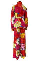 Fabulous 1970s Hanae Mori Bright Floral Print Jersey Pant & Top Set w Beading