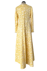 Prettiest 1960s Yves Saint Laurent Stoffler Fabrics Yellow Brocade Dress w Clear Beads