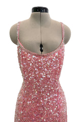 Prettiest 1980s Oleg Cassini Pink Silk Dress Covered in Iridescent Sequins w Silver Tube Bead Detailing & Trim