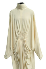 1970s Yuki by Gnyuki Torimaru for Rembrandt Ivory Jersey Caftan Dress W Gathered Front