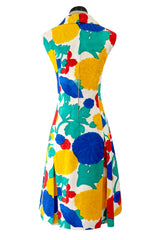 Happiest 1960s James Galanos Bright Floral Print Silk Dress w Pleated Skirt & Rounded Collar