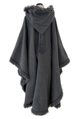 Phenomenal Fall 1977 Yves Saint Laurent Runway Deep Charcoal Grey Fringed Cape w Hood