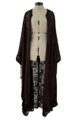 Rare 1960s Thea Porter Couture Brown Silk Open Caftan w Belt & Gold Tassles