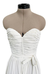 1970s Loris Azzaro White Stretch Jersey Strapless Jumpsuit w Gathered Bodice & Draped Pants