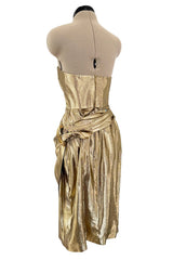 Fabulous c.1986 Thierry Mugler Strapless Metallic Gold Lurex Mini Dress w Buckle Detail