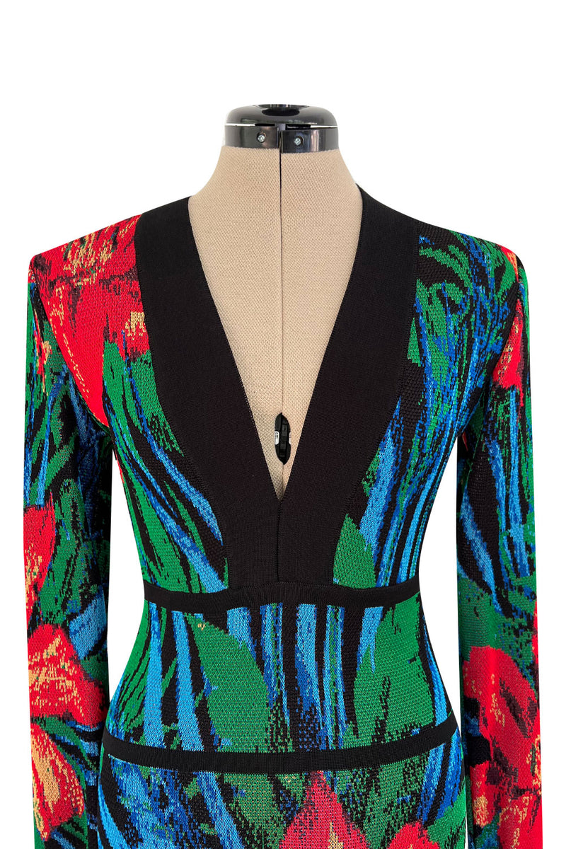 Stunning 2010s Balmain by Olivier Rousteing Huge Floral Print Front Plunge Knit Mini Dress