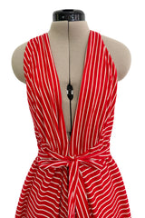 Chic & Minimalist Resort 1974 Halston Vogue Documented Red & White Striped Cotton Plunge Dress Dress