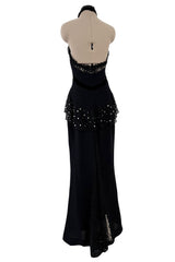Phenomenal 1997 Christian Lacroix Black Silk Halter Dress w Rhinestone & Velvet Detailing