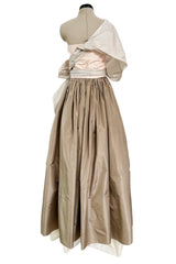 Dreamy Early 1980s Bill Blass Pink, Champagne & Taupe Silk One Shoulder Dress w Full Skirt