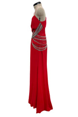 Fabulous 2000s Versace by Donatella Red Crepe Dress w Rhinestone & Silver Chain Detailing