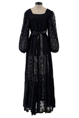 Chic c.1973 Yves Saint Laurent Black Gauzy Feeling Silk Chiffon Dress w Pattern & Full Sleeves