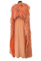 Documented 1960s Tiziani Couture by Karl Lagerfeld Peach Silk Plunge Dress w Matching Feather Cape