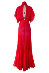 1970s Giorgio Sant'Angelo Red Silk ChiffonDress w Pink Silk Chiffon Lining & Prettiest Gusset Skirt