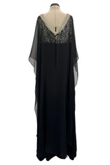 V Neck & Back 1990s Nina Ricci Black Silk Chiffon Caftan Dress w Sequin Bead & Rhinestone Detailing
