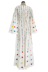 Fantastic 1960s Unlabeled White Cotton Hand Embroidered Mexican Caftan Dress