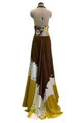 Phenomenal Spring 2005 Original Valentino Runway Look 56 Brown Yellow Floral Print Halter Dress w Sequin Waist Band
