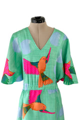 Prettiest 1970s Hanae Mori Green & Tropical Bird Printed Caftan Dress w Curved Sleeves