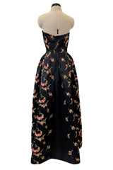 Dreamy 1960s Unlabeled Strapless Black Dress w Front Pink Panel & Floral Embroidery