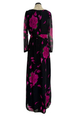Gorgeous 1970s James Galanos Demi-Couture Silk Chiffon Dress w Vivid Pink Flower Print