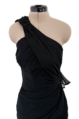 Incredible 1980s Thierry Mugler Black Layered Silk Chiffon One Shoulder Dress Flared Skirt Dress