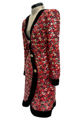 Spectacular Fall 1990 Givenchy Red Silk Organza Button Dress w Sequins & Velvet Trim &