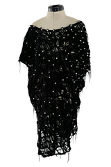 Rare 1980s Jan Faulkner Hand Made Black Suede Cut Out Mini Dress w Pearls & Fringe