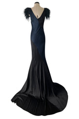Resort 2008 Nina Ricci by Olivier Theyskens Runway Look 28 Bias Cut Blue & Black Dress w Feather Detailing & Train