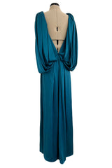Amazing 1980s Bill Blass Bias Cut Deep Teal Silk Dress w Bead Detailing & Draped Low Back