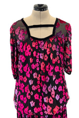 Prettiest 1970s Courreges Bright Pink Floral Velvet on Black Silk Chiffon Dress w Numbred Label