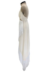 Recent Givenchy Ivory Crepe Silk Wrapped Angled Hem Dress w Cascading White Fringe