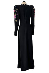 Prettiest 1920s Hickson Inc. Black Moss Crepe Dress w Tie Neck & Hand Sequinned Sleeves