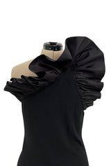 Fabulous 1980s Bill Blass One Shoulder Black Crepe Dress w High Taffeta Ruffle Detail