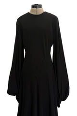 Exceptional 1970s George Stavropoulos Couture Black Silk & Bias Cut Dress w Balloon Sleeves & Flowing Skirt
