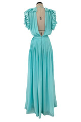 Prettiest Resort 2013 Gucci by Frida Giannini Runway Look 12 Turquoise Plunge Silk Chiffon Ruffle Dress