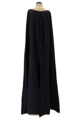 Striking Fall 1976 Chloe by Karl Lagerfeld Runway Documented Black Silk & Metallic Gold Caped Back Panel Dress
