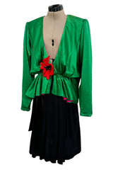 Incredible Spring 1990 Yves Saint Laurent Runway Brilliant Green Jacket w Pink Lining & Black Skirt Set
