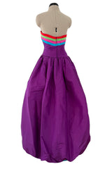 Fall 1982 Valentino by the Original Mr Valentino Purple Silk Strapless BubbleDress w Rainbow Detailing