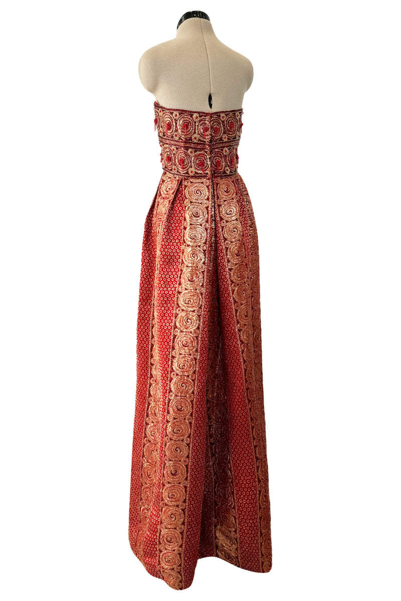 Stunning 1960s Paul Whitney Numbered Strapless Beaded Gold & Red Silk Brocade Dress