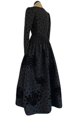 Fall 1974 Louis Mies Couture YSL Silk Taffeta Dress w Hand Embroidered Velvet Rose Detail